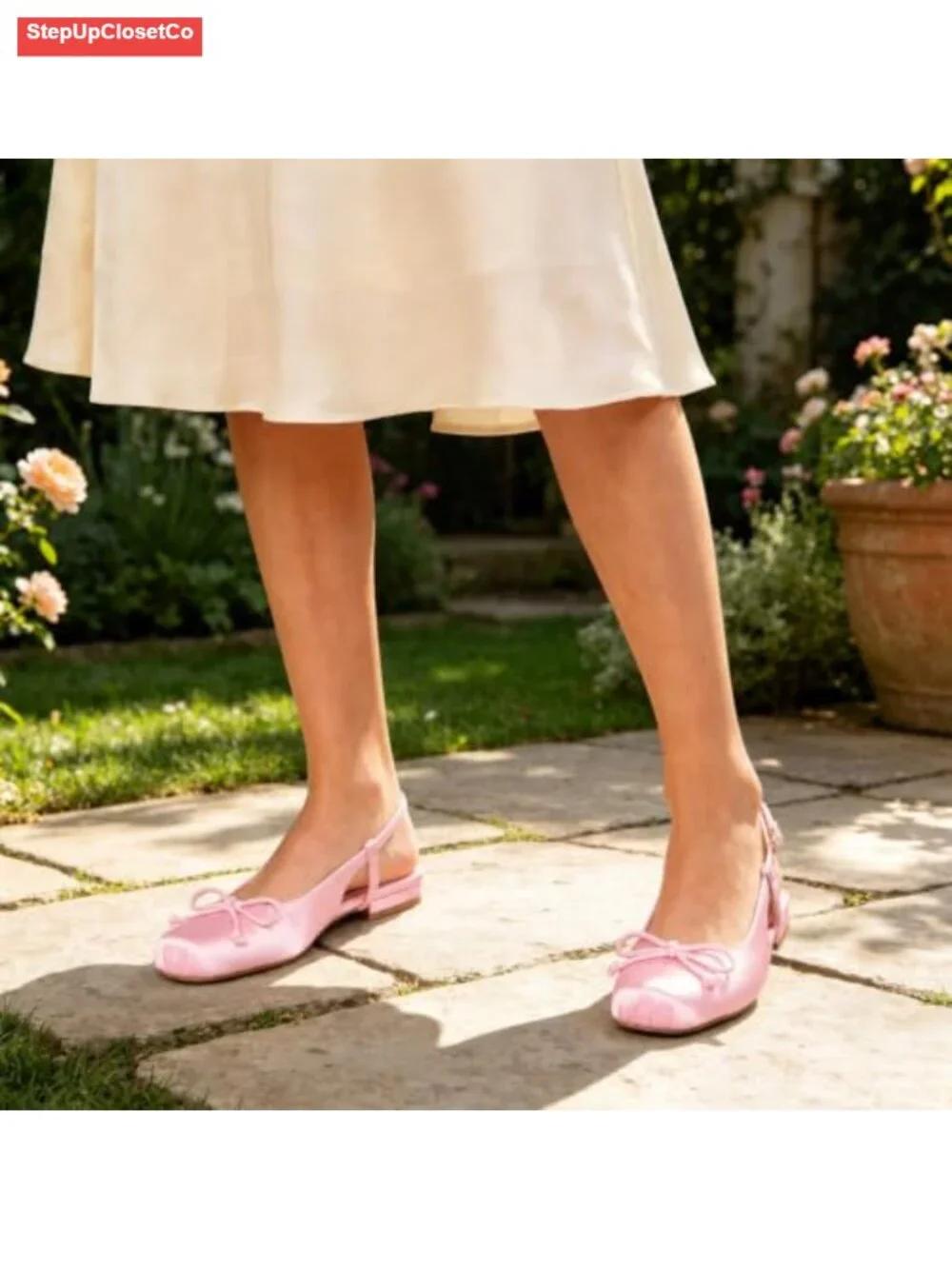 Satin Ballet Flats with Square Toe, Bow, and Ankle Buckles - Dressy